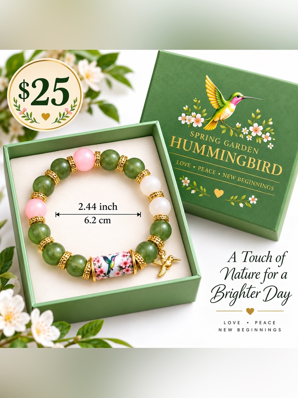 Hummingbird Spring Garden Green Jade Beaded Bracelet - Gold Accents